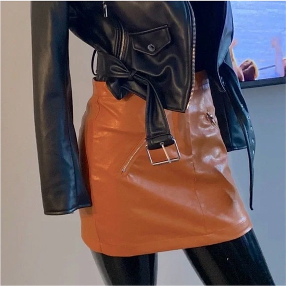 Shinestar Burnt Orange Faux Leather Mini Skirt Zip Pocket Moto M - Picture 4 of 8